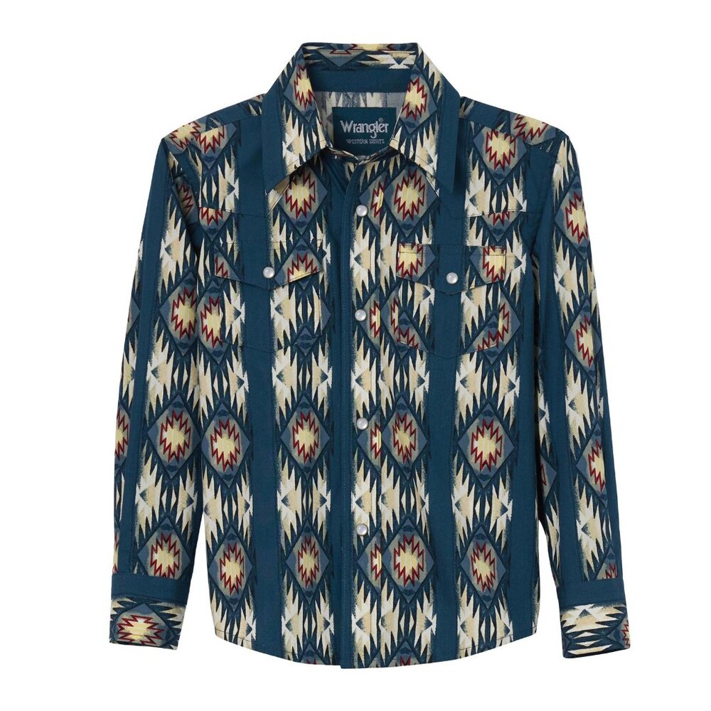 Boy's Wrangler Checotah Aztec Print Blue Western Snap Long Sleeve Shirt